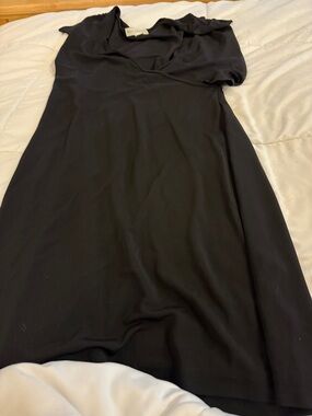 Petite Sophisticate Black Midi Dress with Draped Neckline